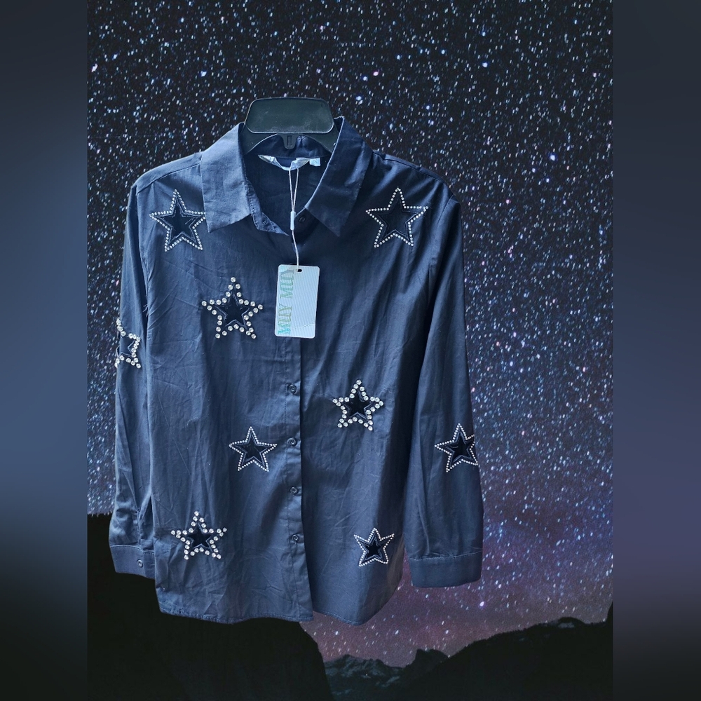 Muy Muy Fancy Collection Rhinestone Star Embellished Black Button-Up Shirt